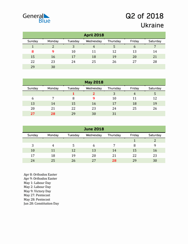 Quarterly Calendar 2018 with Ukraine Holidays