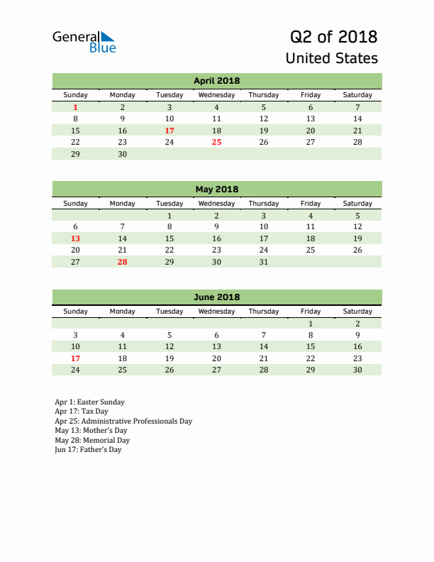 Quarterly Calendar 2018 with United States Holidays