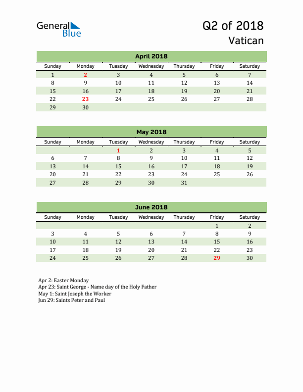 Quarterly Calendar 2018 with Vatican Holidays