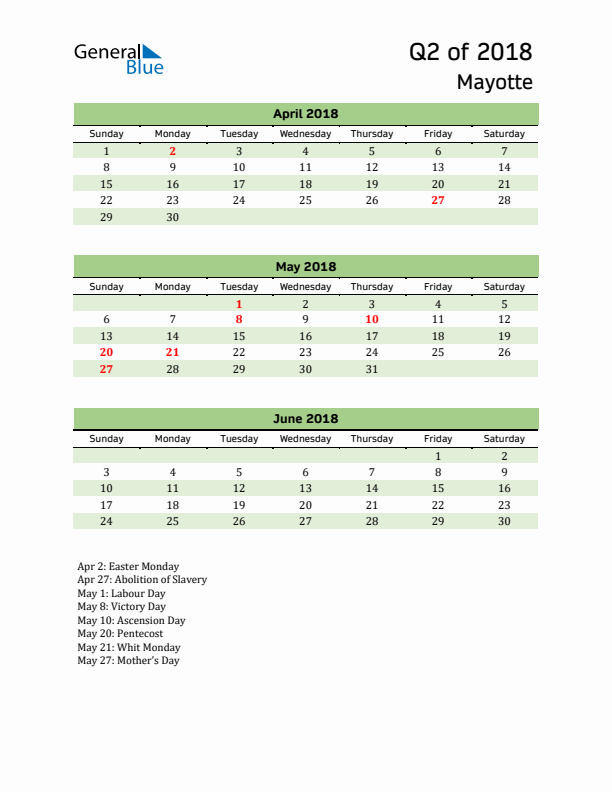 Quarterly Calendar 2018 with Mayotte Holidays