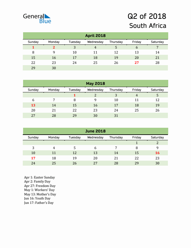 Quarterly Calendar 2018 with South Africa Holidays