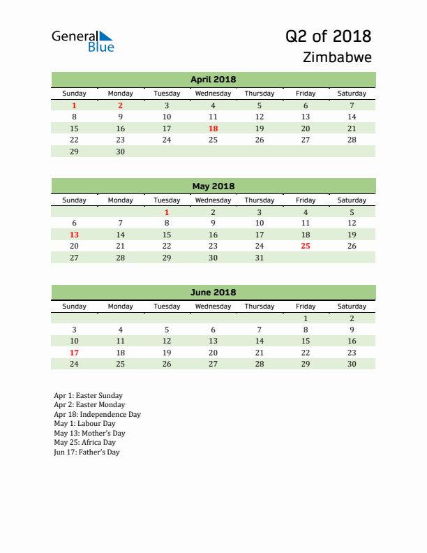 Quarterly Calendar 2018 with Zimbabwe Holidays