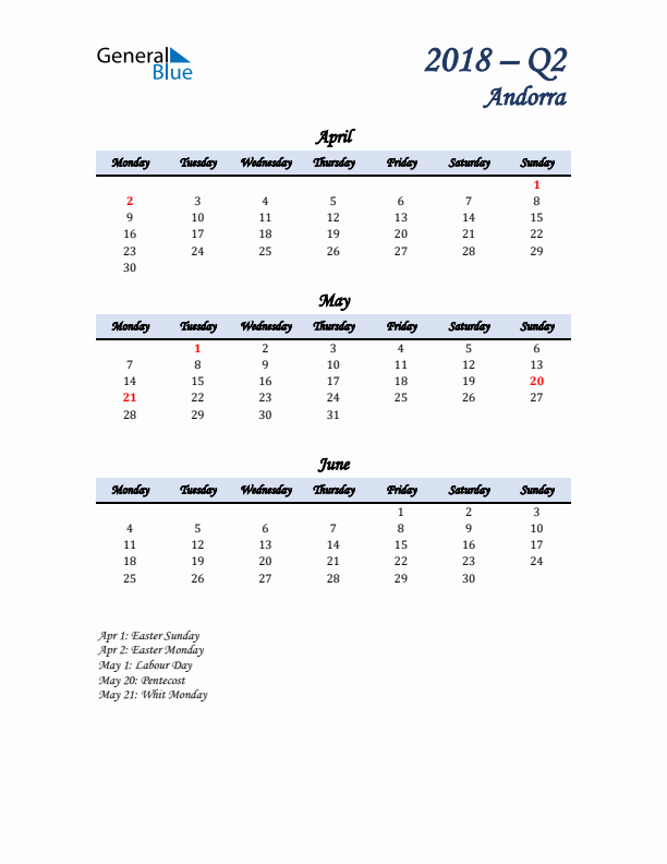 April, May, and June Calendar for Andorra with Monday Start