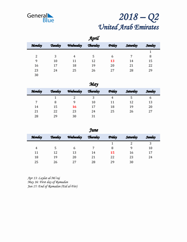 April, May, and June Calendar for United Arab Emirates with Monday Start