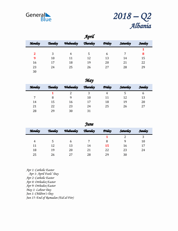 April, May, and June Calendar for Albania with Monday Start