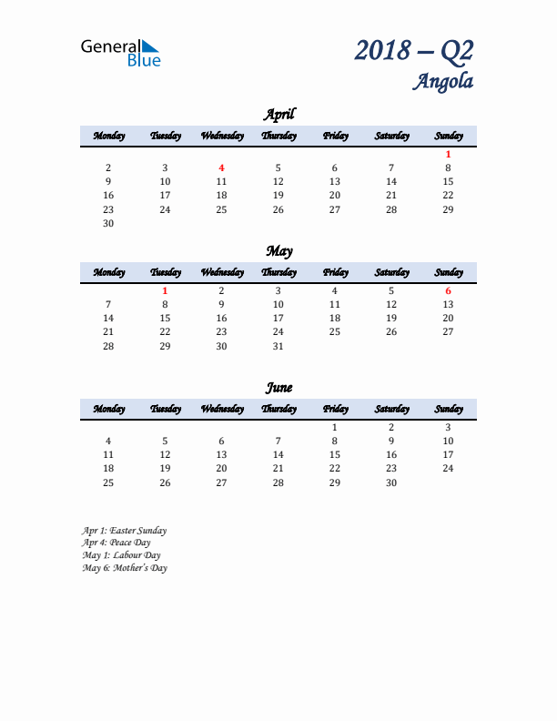 April, May, and June Calendar for Angola with Monday Start