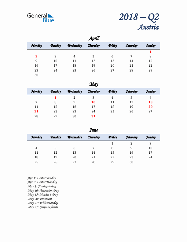 April, May, and June Calendar for Austria with Monday Start