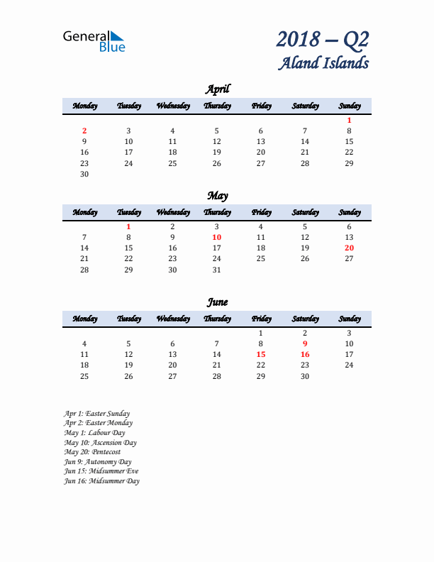 April, May, and June Calendar for Aland Islands with Monday Start