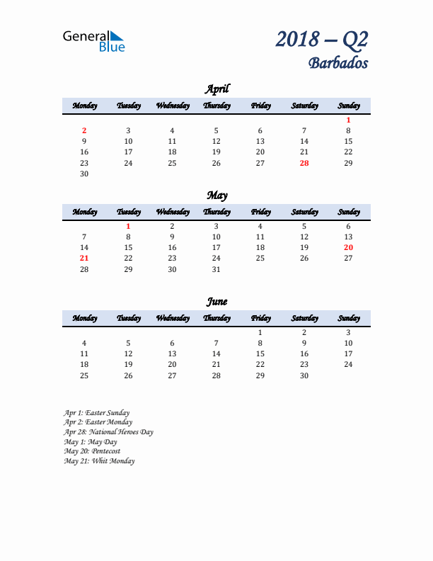 April, May, and June Calendar for Barbados with Monday Start