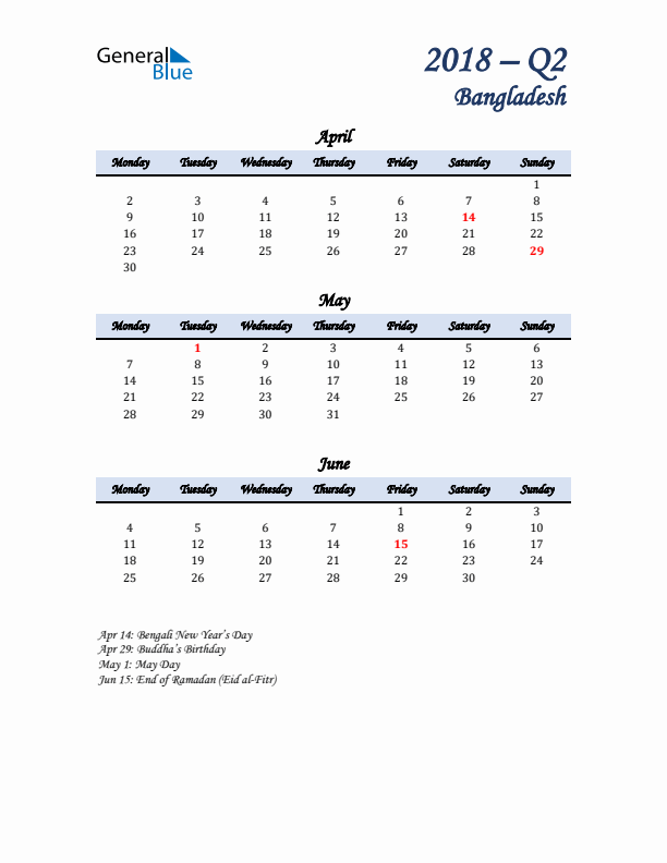 April, May, and June Calendar for Bangladesh with Monday Start