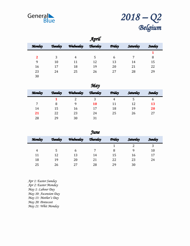 April, May, and June Calendar for Belgium with Monday Start