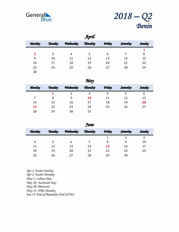 April, May, and June Calendar for Benin with Monday Start