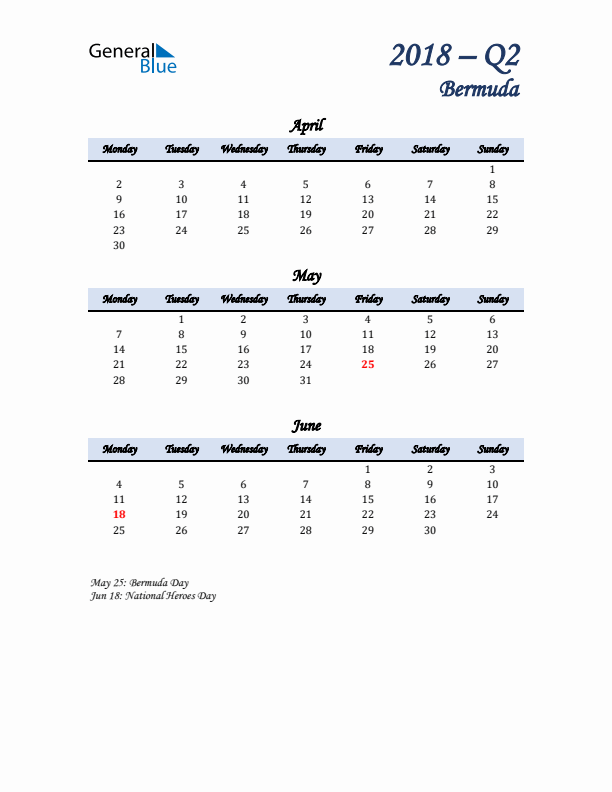 April, May, and June Calendar for Bermuda with Monday Start