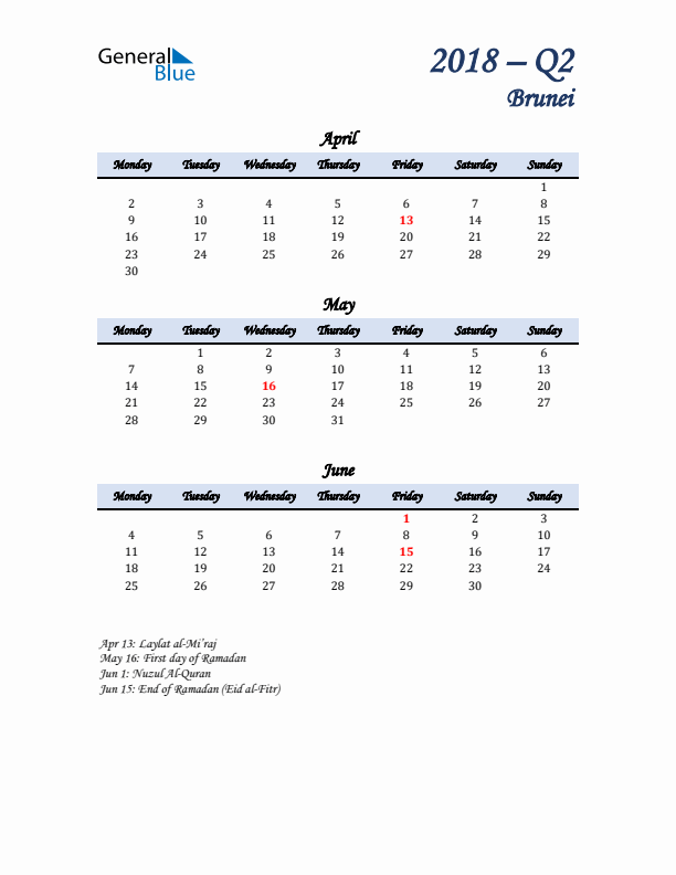 April, May, and June Calendar for Brunei with Monday Start