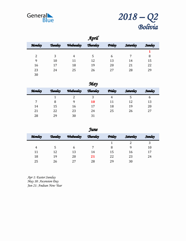 April, May, and June Calendar for Bolivia with Monday Start