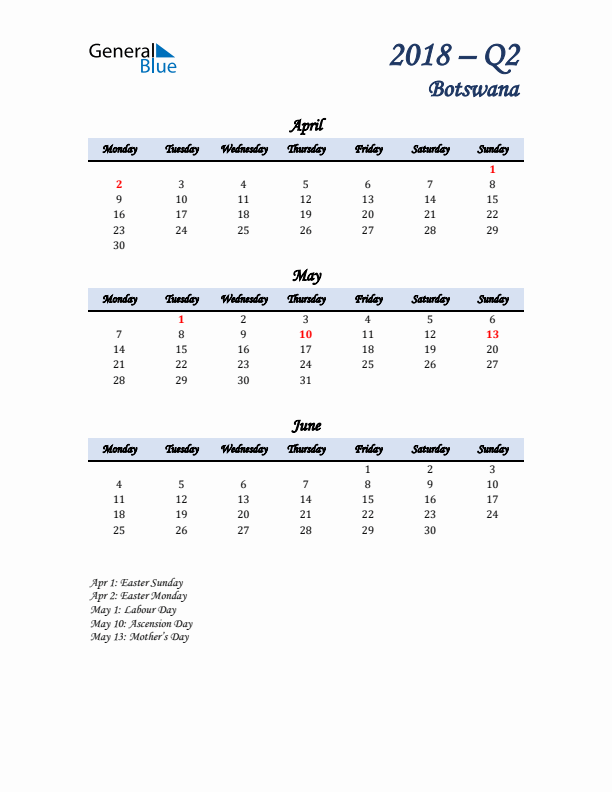 April, May, and June Calendar for Botswana with Monday Start