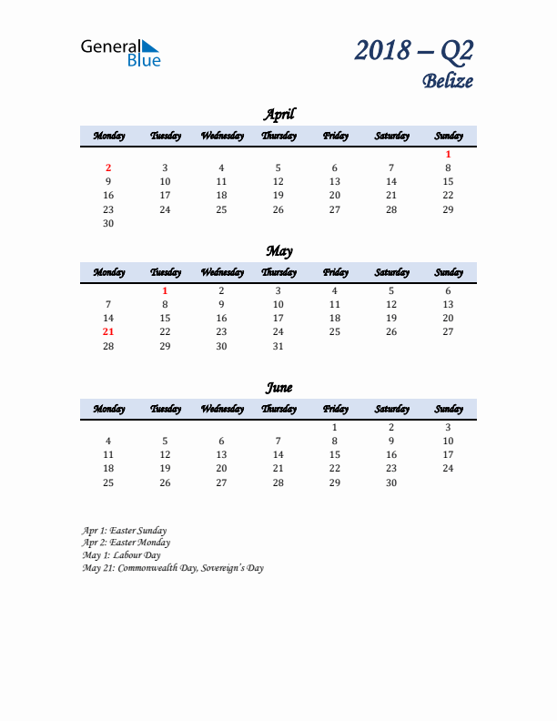 April, May, and June Calendar for Belize with Monday Start