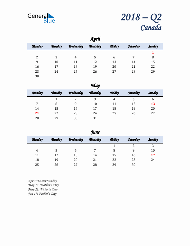 April, May, and June Calendar for Canada with Monday Start