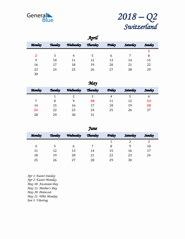 April, May, and June Calendar for Switzerland with Monday Start