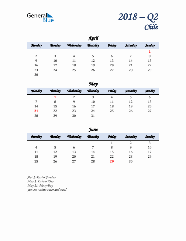 April, May, and June Calendar for Chile with Monday Start