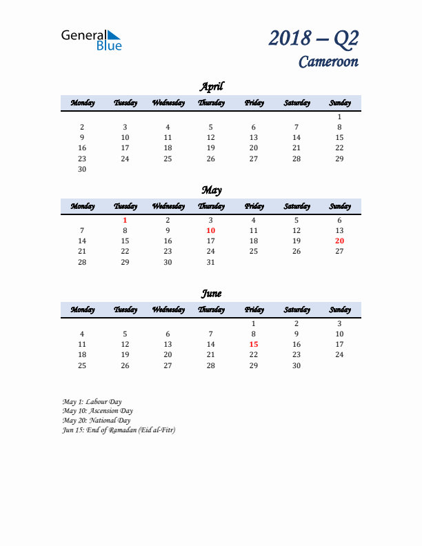 April, May, and June Calendar for Cameroon with Monday Start