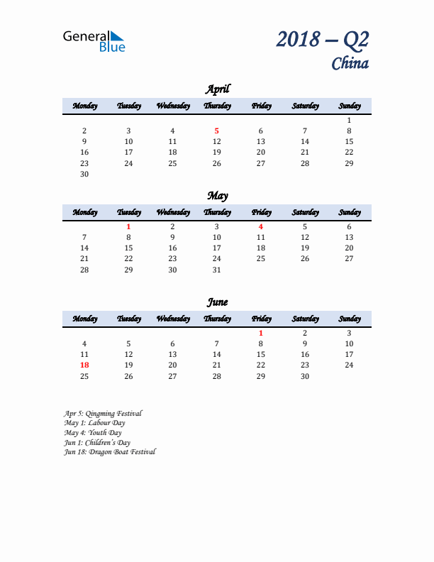 April, May, and June Calendar for China with Monday Start