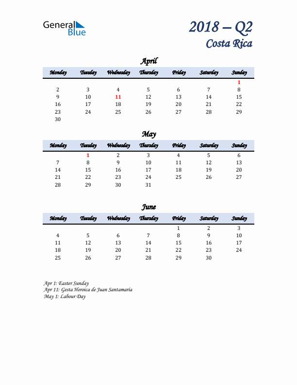 April, May, and June Calendar for Costa Rica with Monday Start