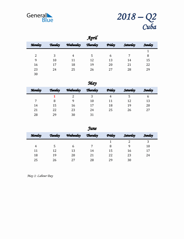 April, May, and June Calendar for Cuba with Monday Start