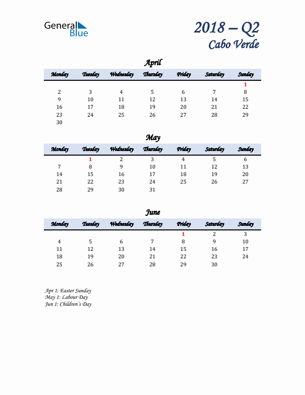 April, May, and June Calendar for Cabo Verde with Monday Start