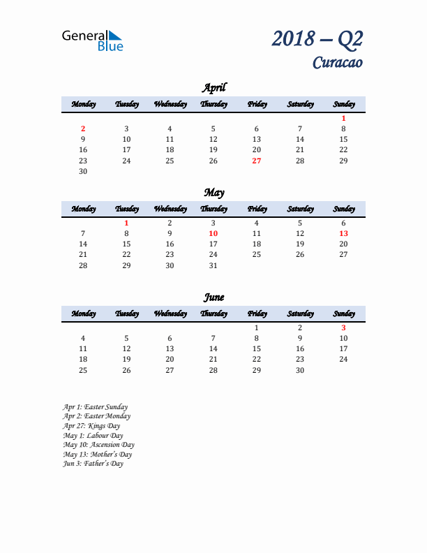 April, May, and June Calendar for Curacao with Monday Start