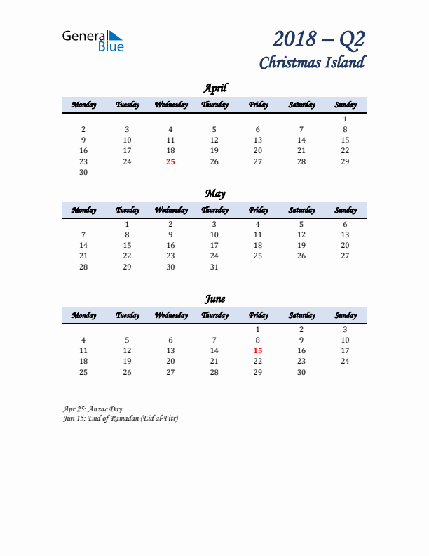 April, May, and June Calendar for Christmas Island with Monday Start