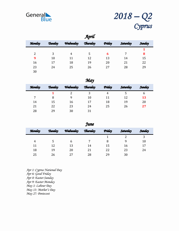 April, May, and June Calendar for Cyprus with Monday Start