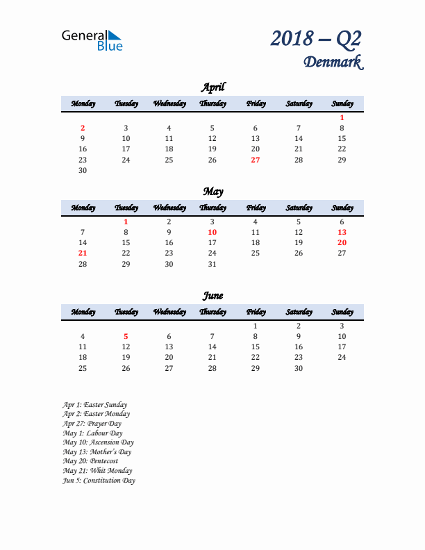 April, May, and June Calendar for Denmark with Monday Start