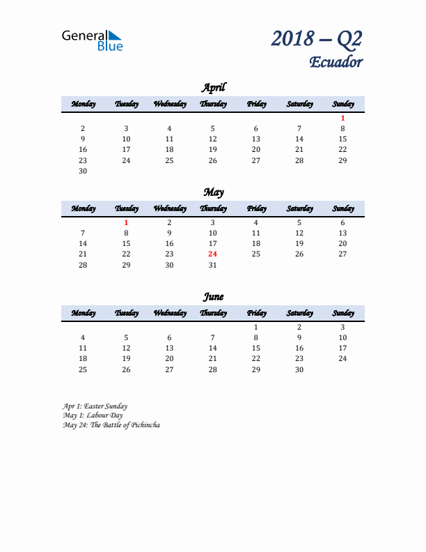 April, May, and June Calendar for Ecuador with Monday Start