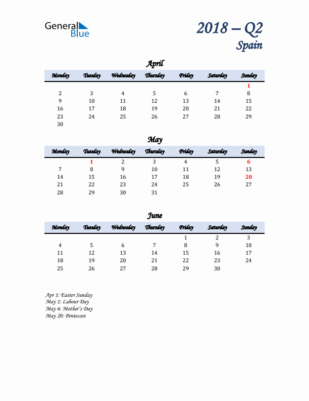 April, May, and June Calendar for Spain with Monday Start