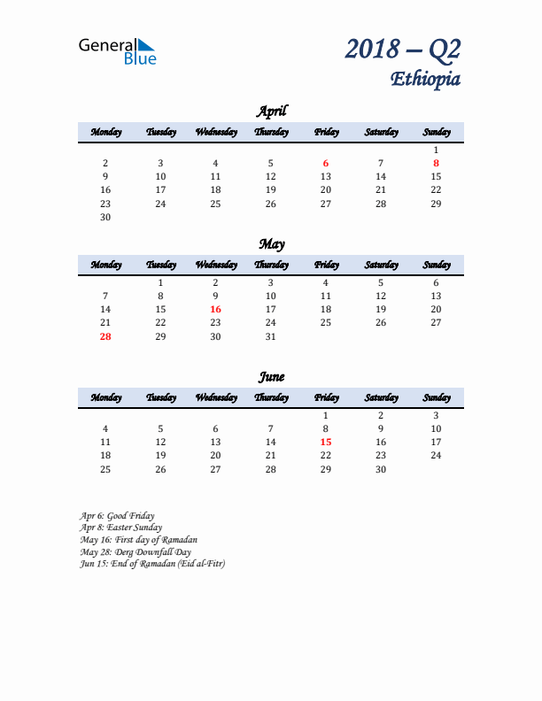 April, May, and June Calendar for Ethiopia with Monday Start