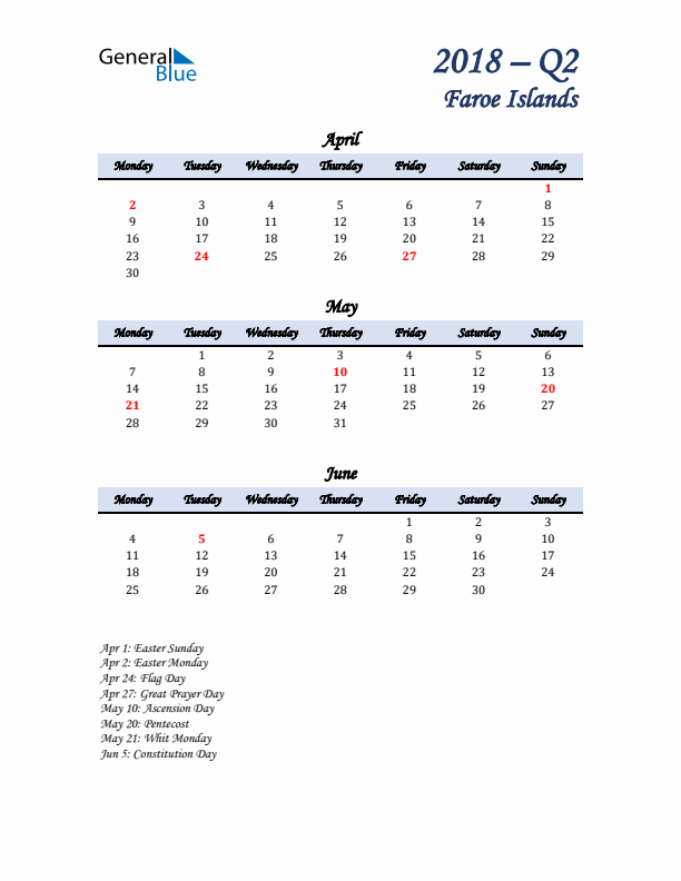 April, May, and June Calendar for Faroe Islands with Monday Start