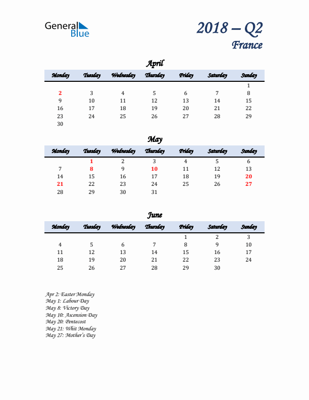 April, May, and June Calendar for France with Monday Start