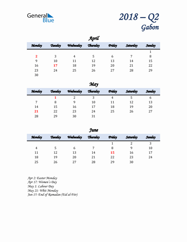 April, May, and June Calendar for Gabon with Monday Start