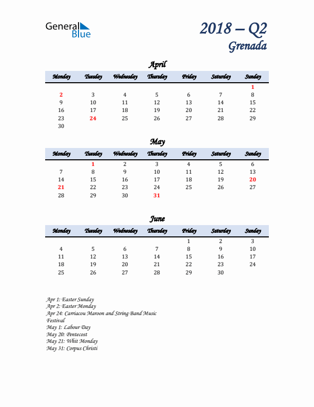 April, May, and June Calendar for Grenada with Monday Start