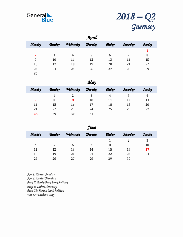 April, May, and June Calendar for Guernsey with Monday Start