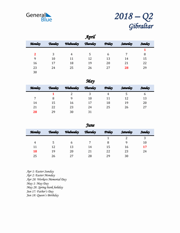 April, May, and June Calendar for Gibraltar with Monday Start