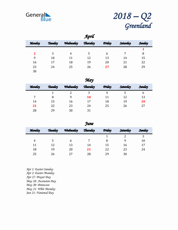 April, May, and June Calendar for Greenland with Monday Start