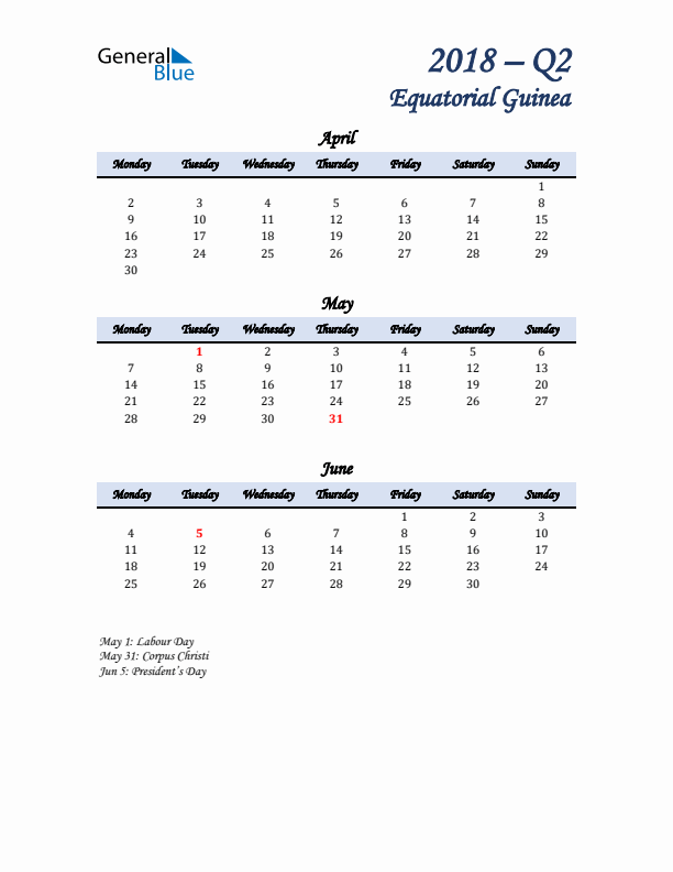 April, May, and June Calendar for Equatorial Guinea with Monday Start