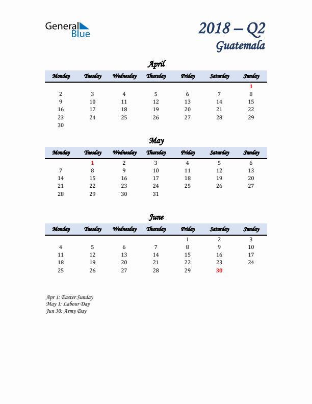 April, May, and June Calendar for Guatemala with Monday Start