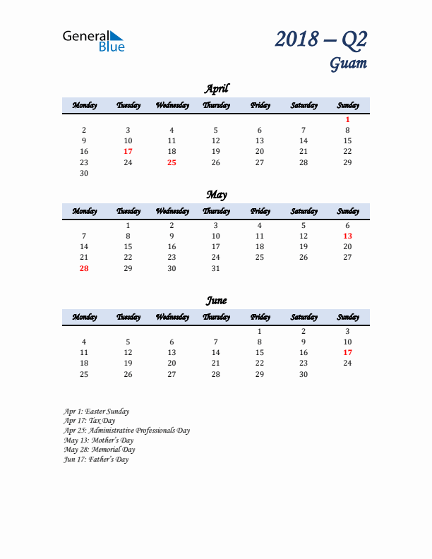 April, May, and June Calendar for Guam with Monday Start