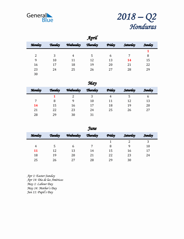 April, May, and June Calendar for Honduras with Monday Start