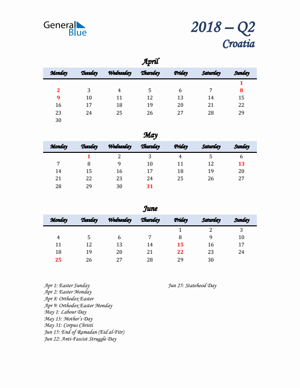 April, May, and June Calendar for Croatia with Monday Start