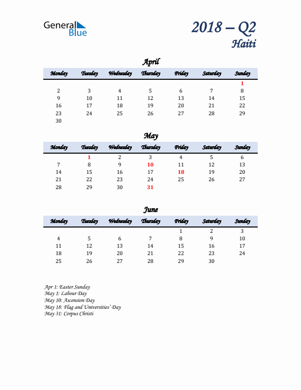 April, May, and June Calendar for Haiti with Monday Start