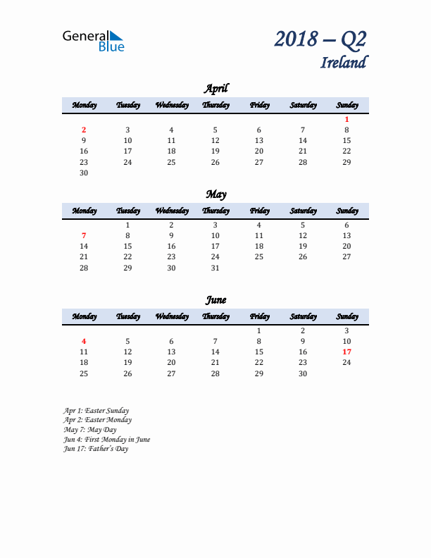 April, May, and June Calendar for Ireland with Monday Start